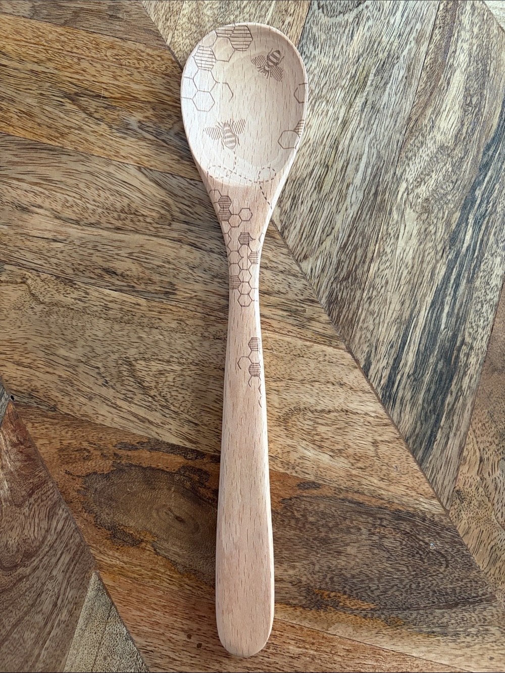 Bee-Engraved Wooden Cooking Spoon - Natural Wood